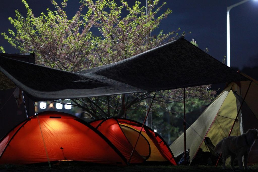 Avontuuriersvoorbereiding voor buitenactiviteiten met tent en uitrusting in de natuur